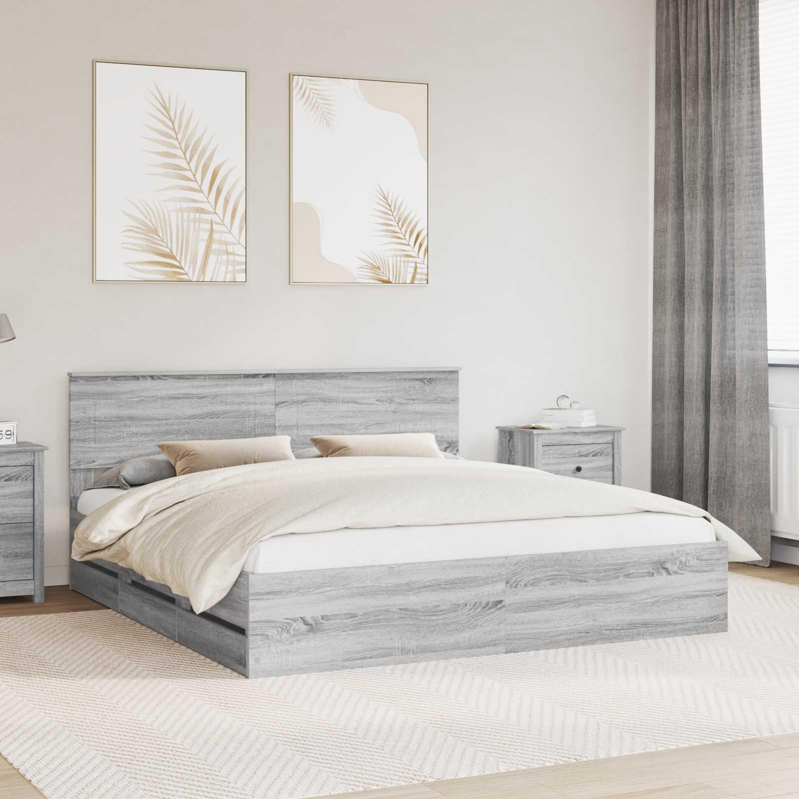 Sengestel med skuffe Grå Sonoma 200 x 200 cm Ingeniørtræ billede