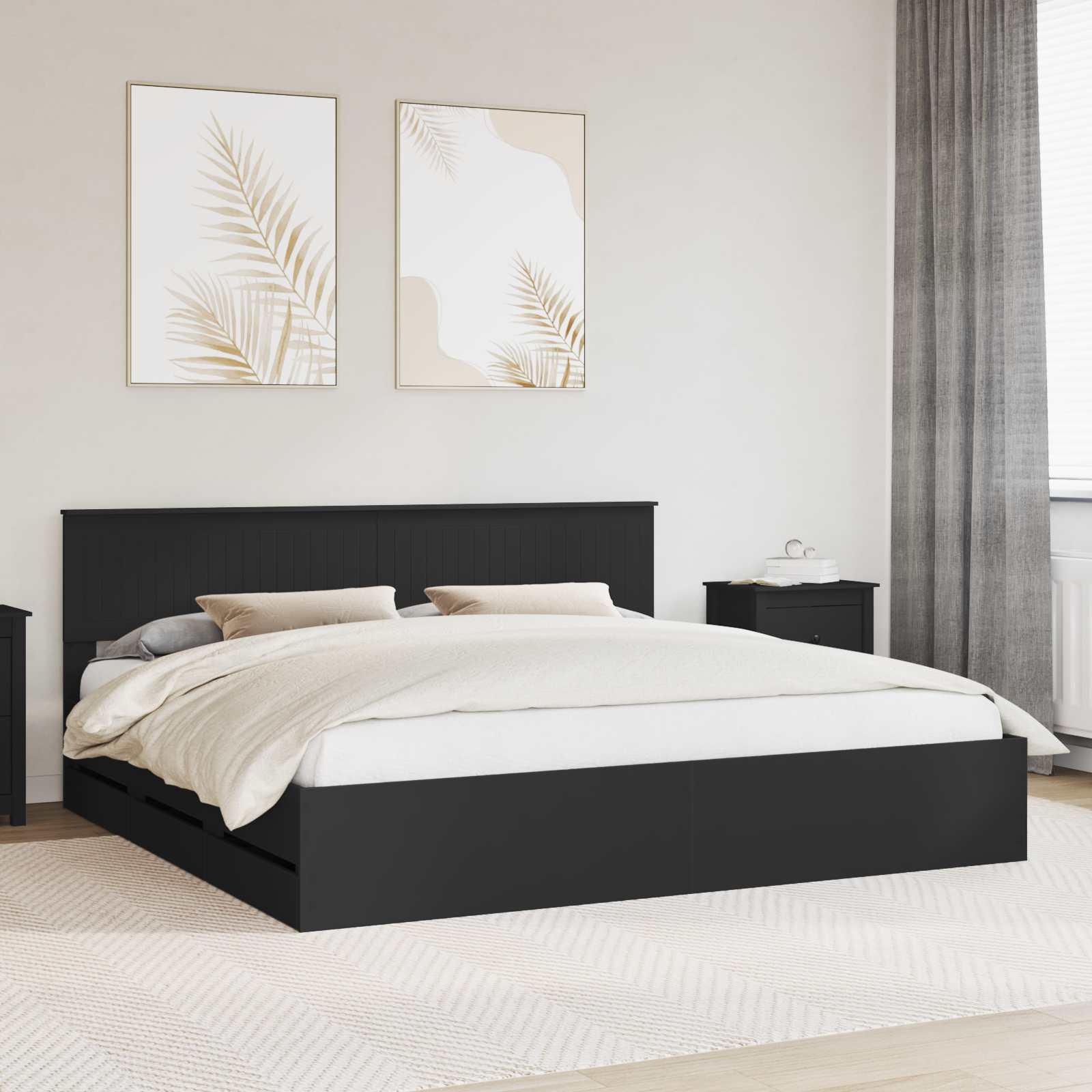 Sengestel med skuffe Sort 200 x 200 cm Ingeniørtræ billede