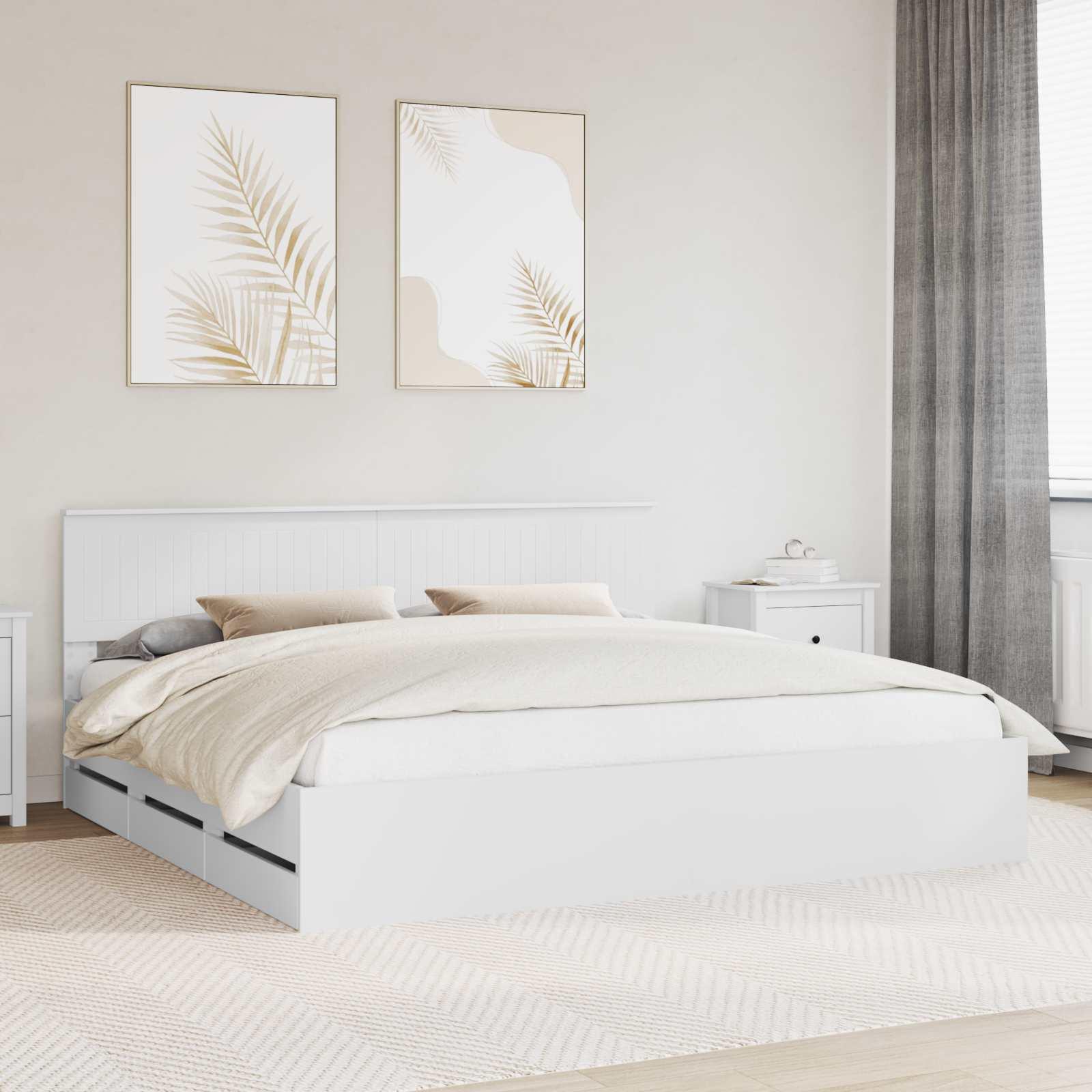 Sengestel med skuffe Hvid 200 x 200 cm Ingeniørtræ billede
