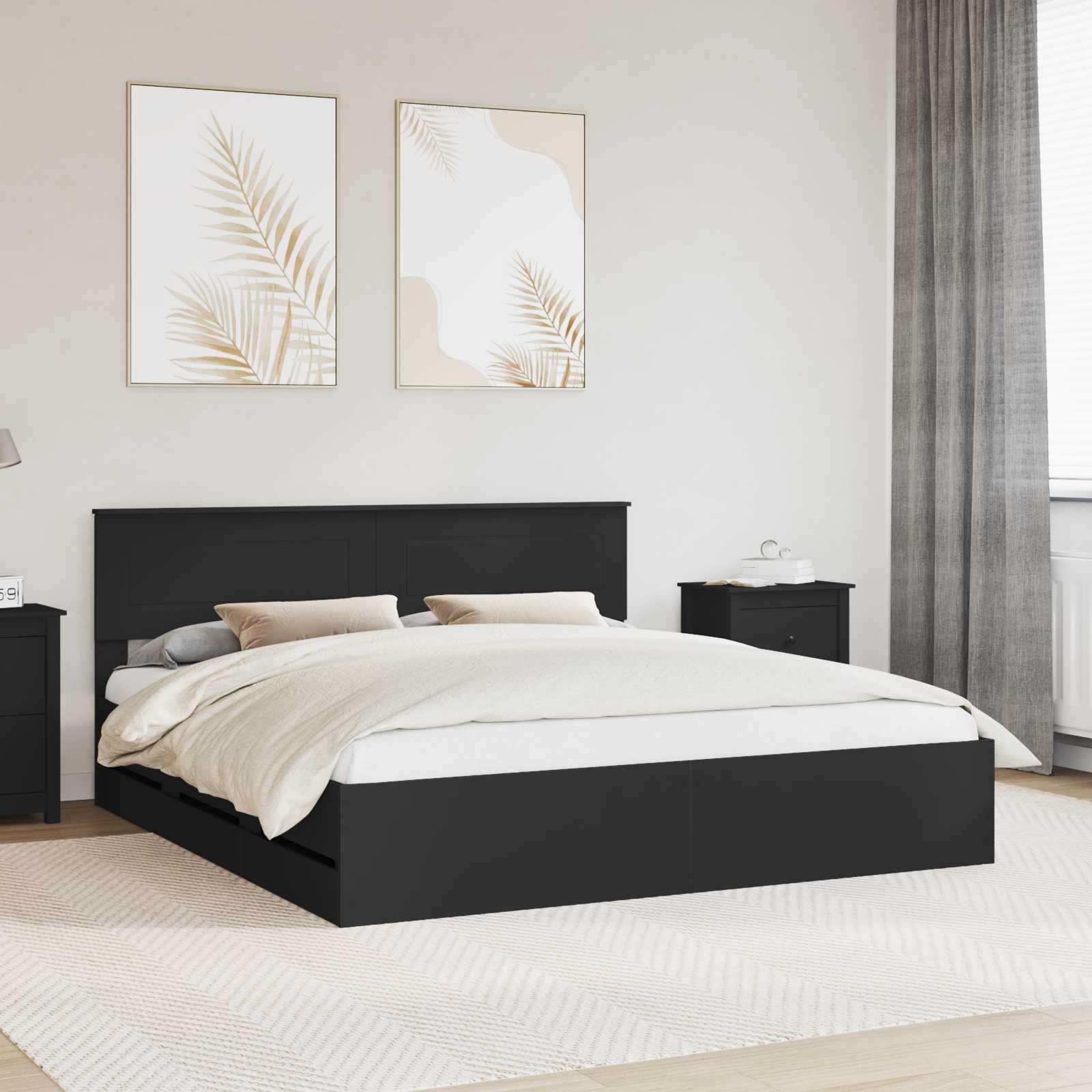 Sengestel med skuffe Sort 200 x 200 cm Ingeniørtræ billede