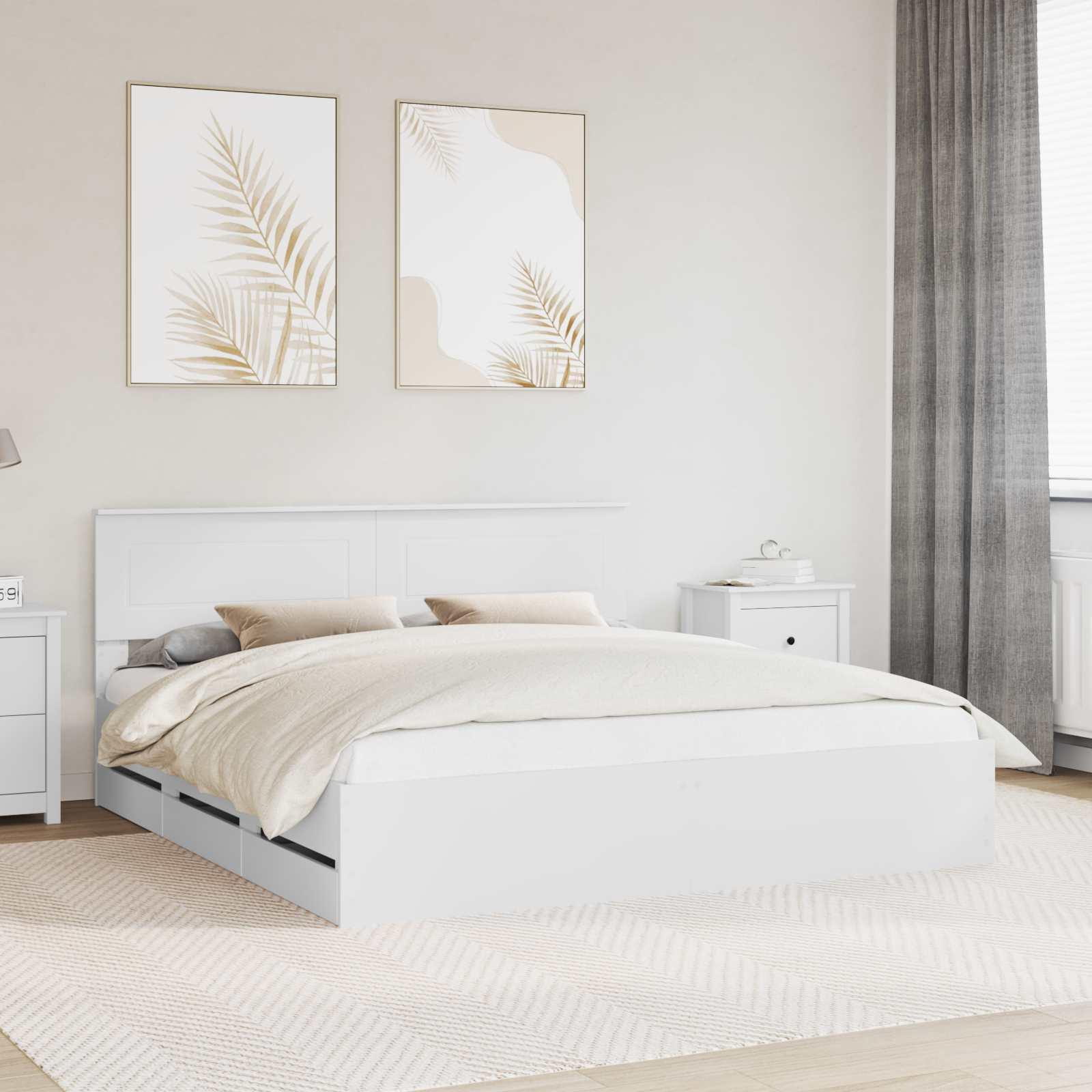 Sengestel med skuffe Hvid 200 x 200 cm Ingeniørtræ billede