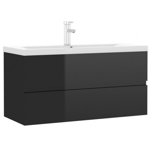 Vaskeskab med indbygget håndvask spånplade sort højglans