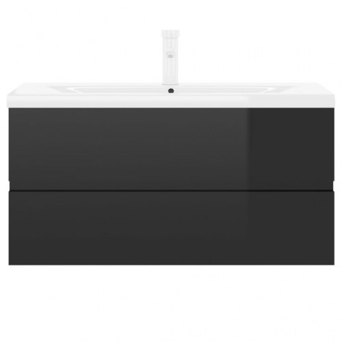 Vaskeskab med indbygget håndvask spånplade sort højglans