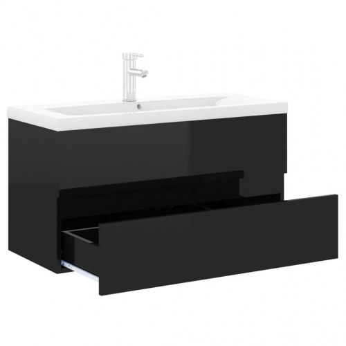 Vaskeskab med indbygget håndvask spånplade sort højglans