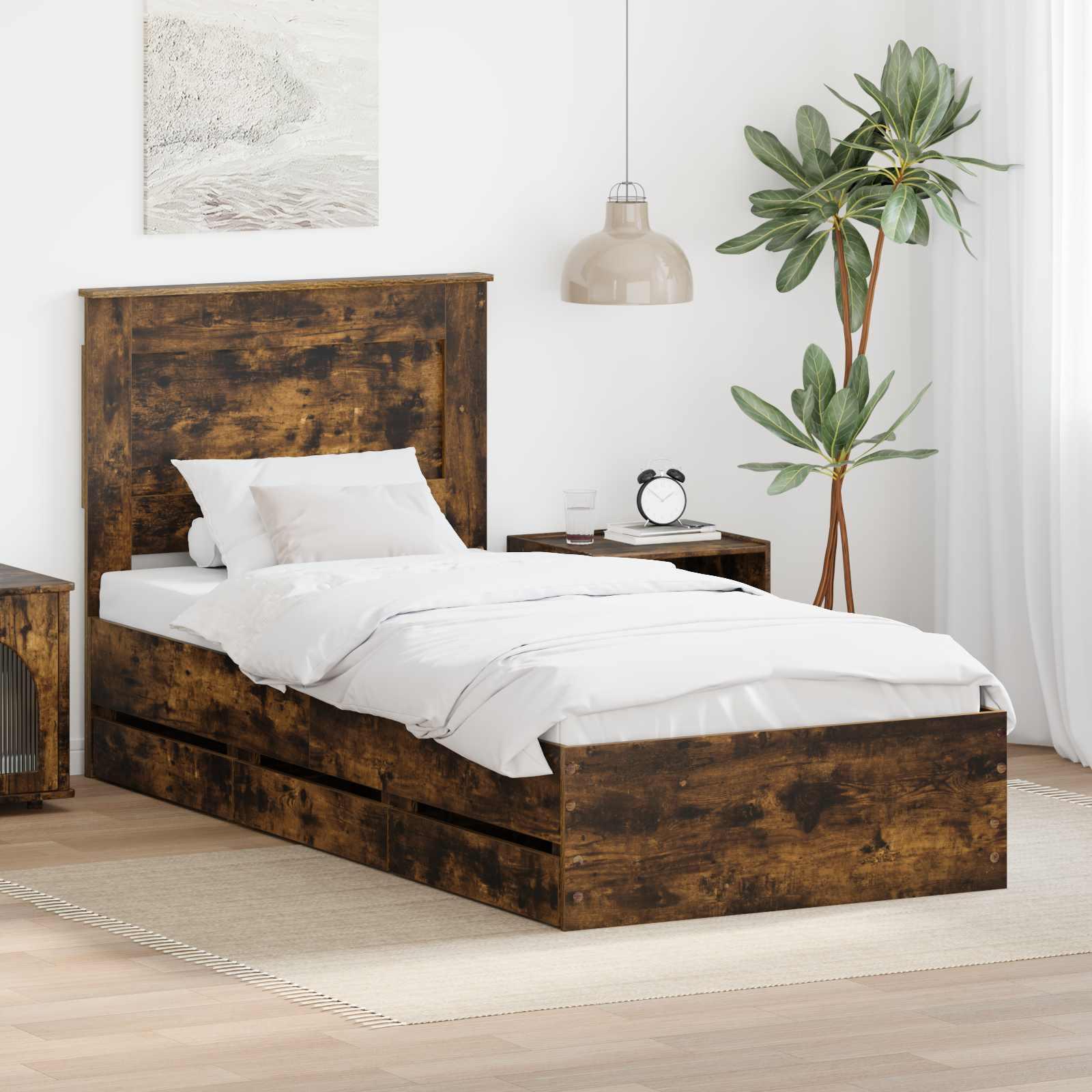 Sengestel med skuffe Røget eg 90 x 200 cm Ingeniørtræ billede
