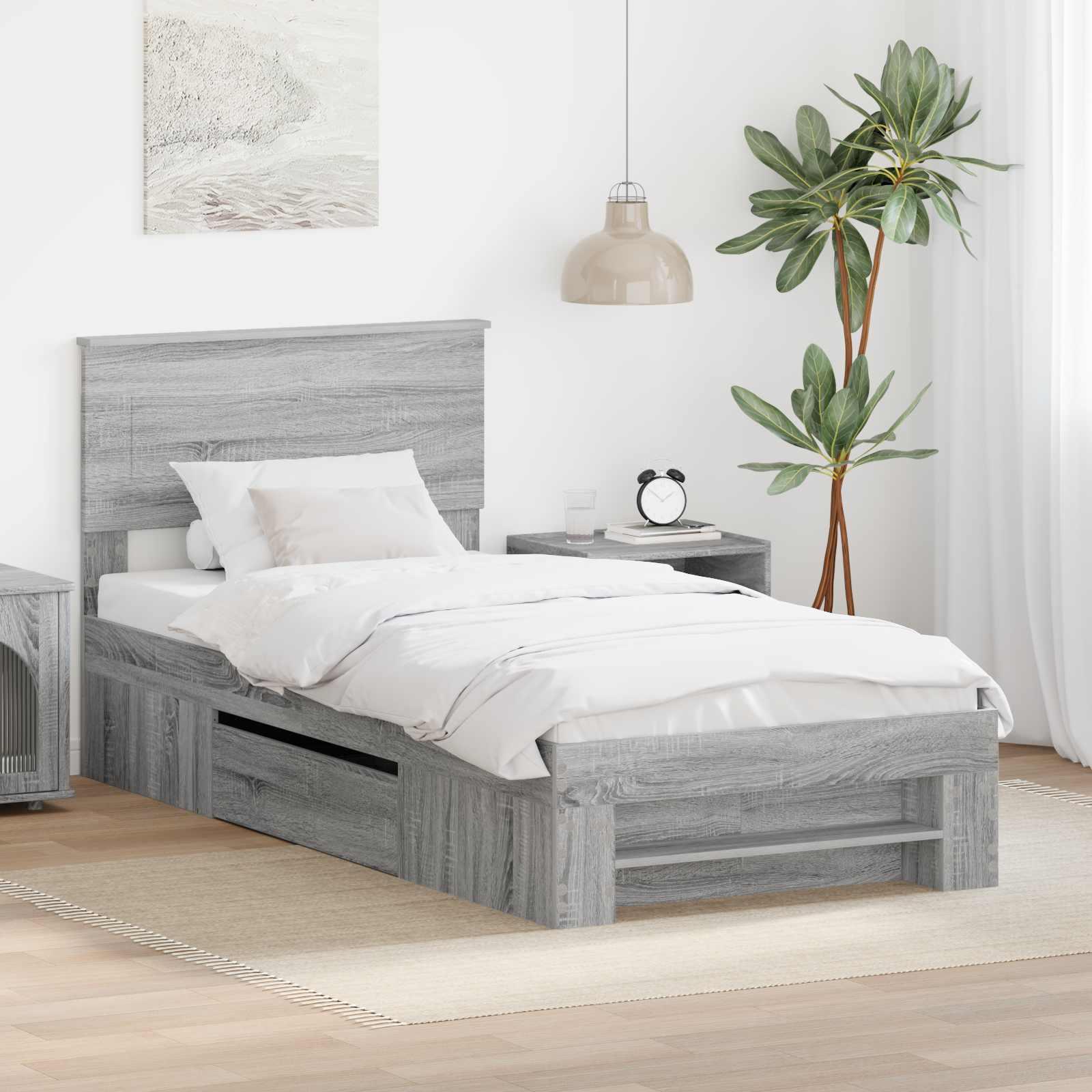 Sengestel med hovedgærde - grå sonoma, 100 x 200 cm, konstrueret træ billede