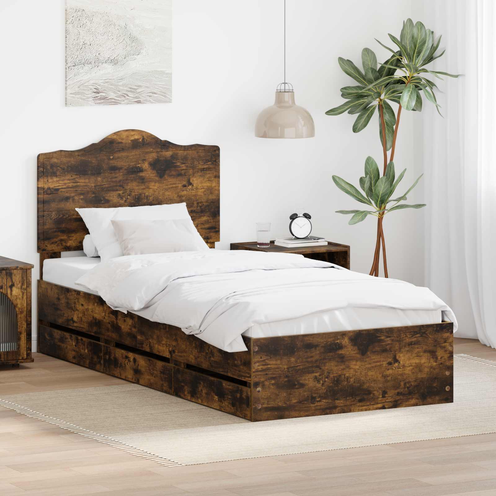 Sengestel med skuffe Røget eg 90 x 190 cm Ingeniørtræ billede