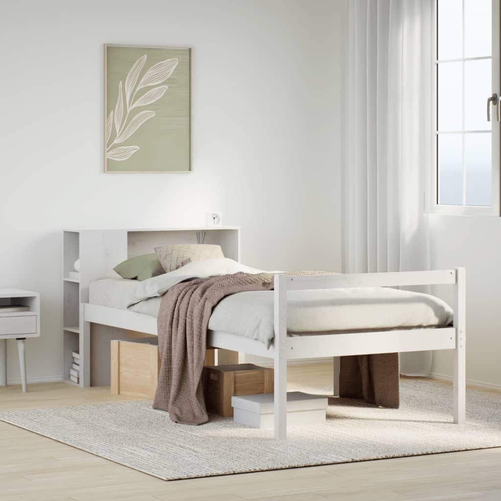 Seng med reol uden madras 75x190 cm massivt fyrretræ hvid billede