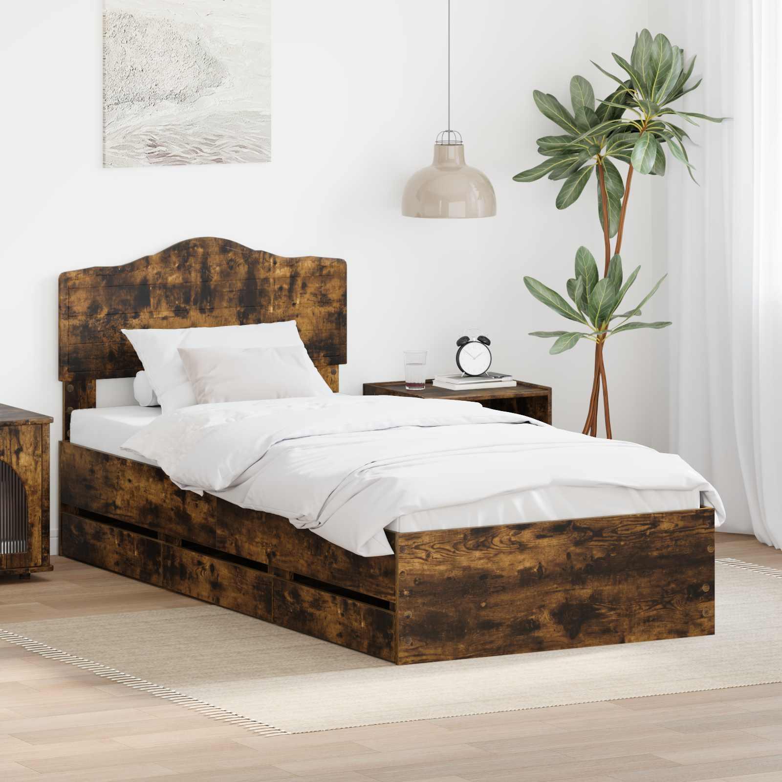 Sengestel med skuffe Røget eg 90 x 200 cm Ingeniørtræ billede