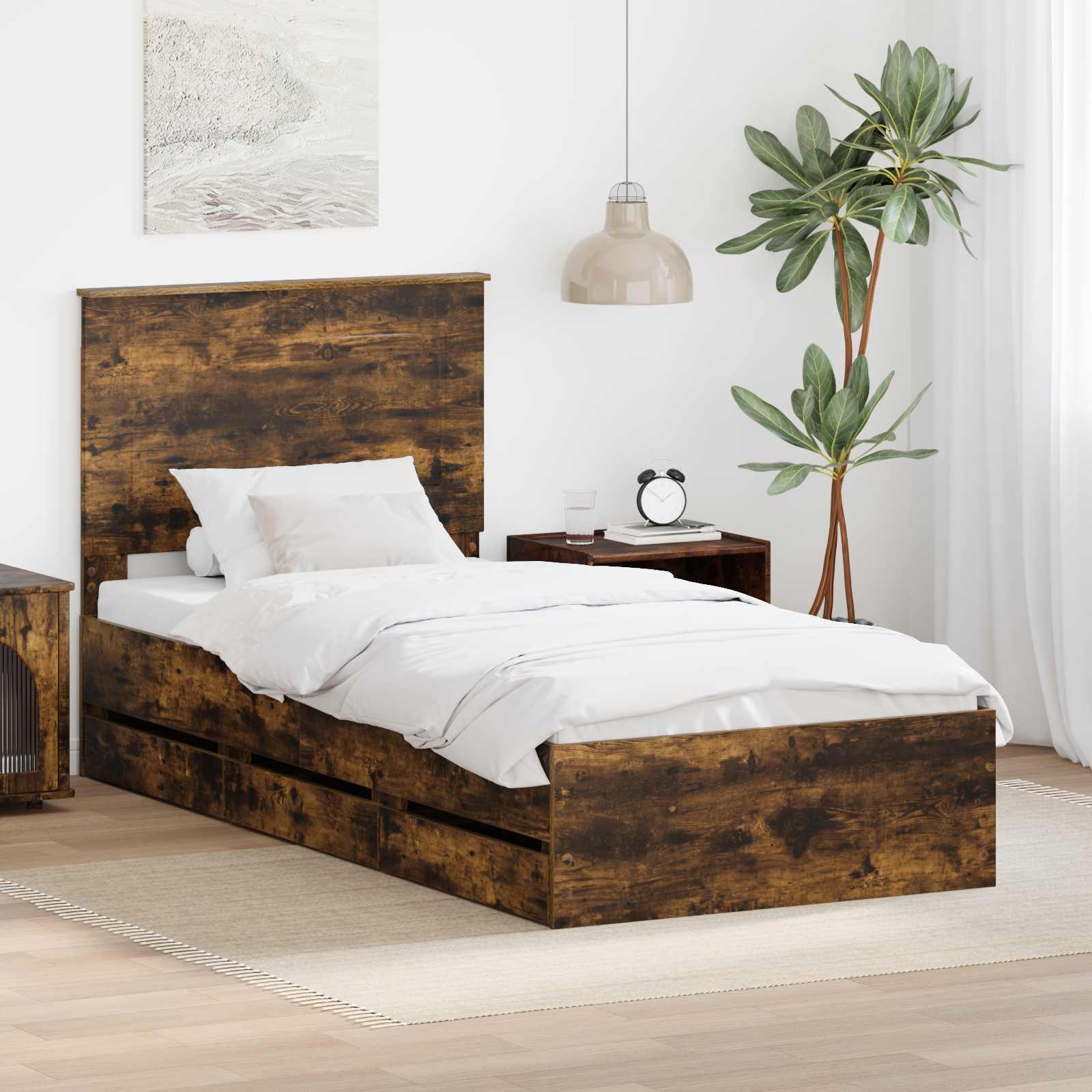 Sengestel med skuffe Røget eg 100 x 200 cm Ingeniørtræ billede