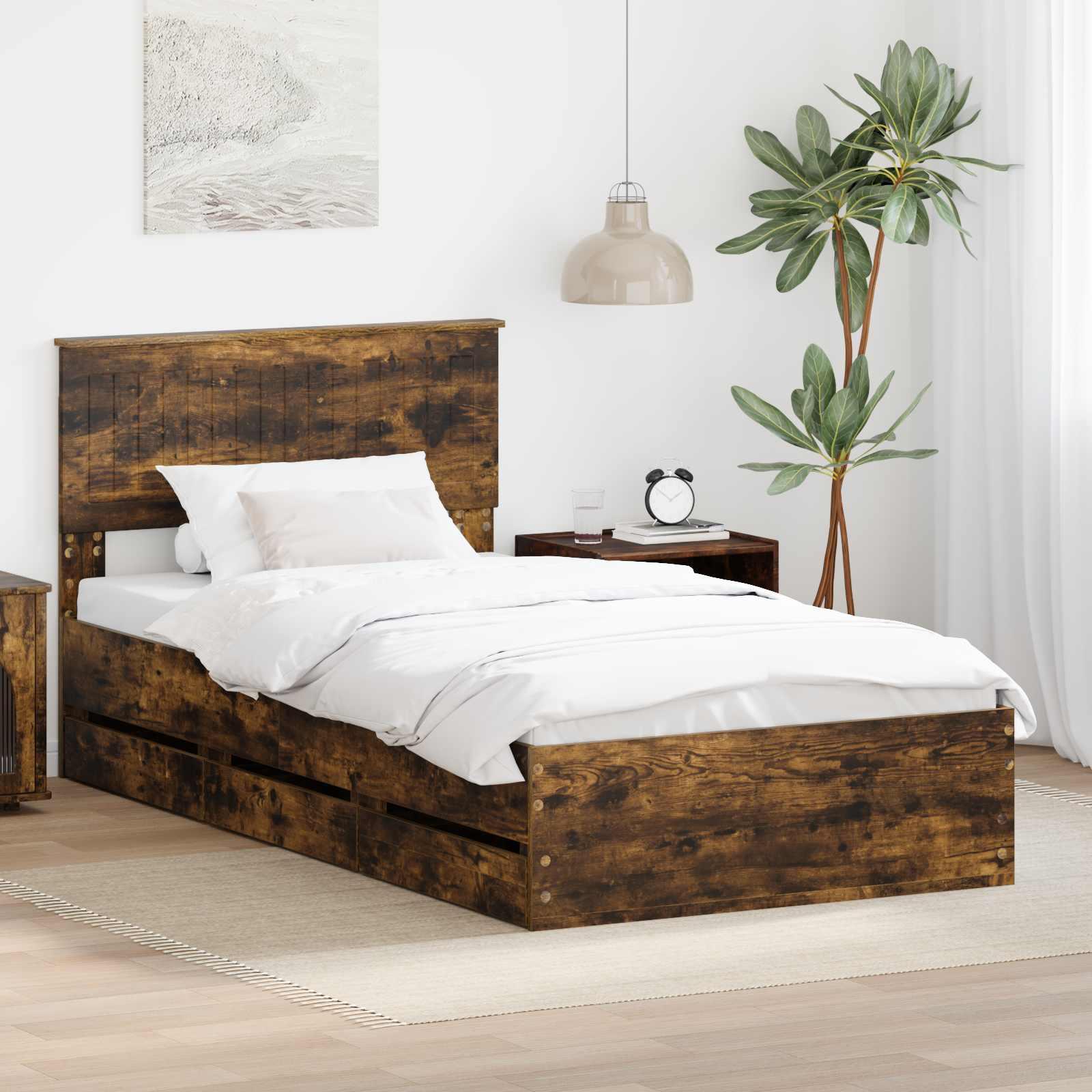 Sengestel med skuffe Røget eg 100 x 200 cm Ingeniørtræ billede