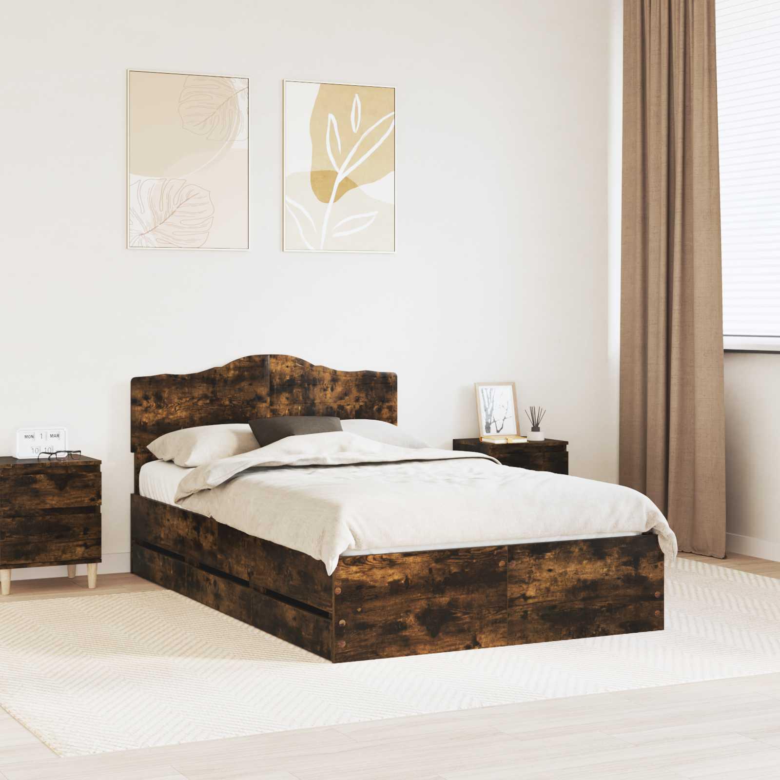 Sengestel med skuffe Røget eg 135 x 190 cm Ingeniørtræ billede