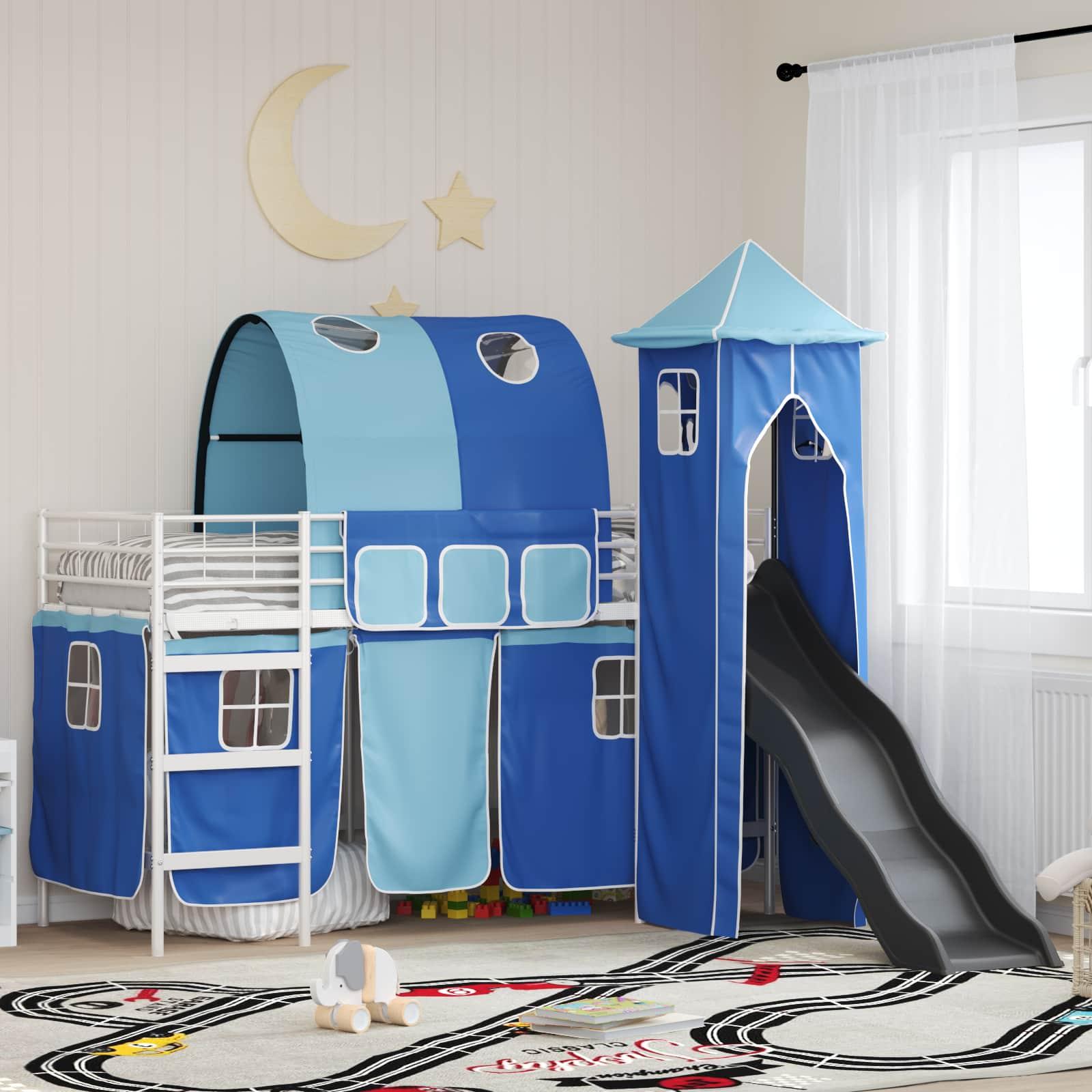 Børns Loft Seng Ramme med Gardiner, Bue, Rutsjebane, Tårn billede
