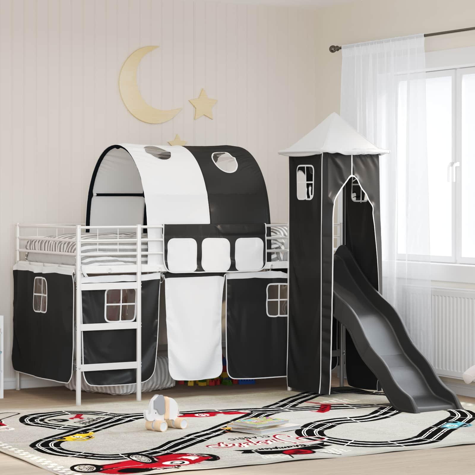 Børns Loft Seng Ramme med Gardiner, Bue, Rutsjebane, Tårn billede