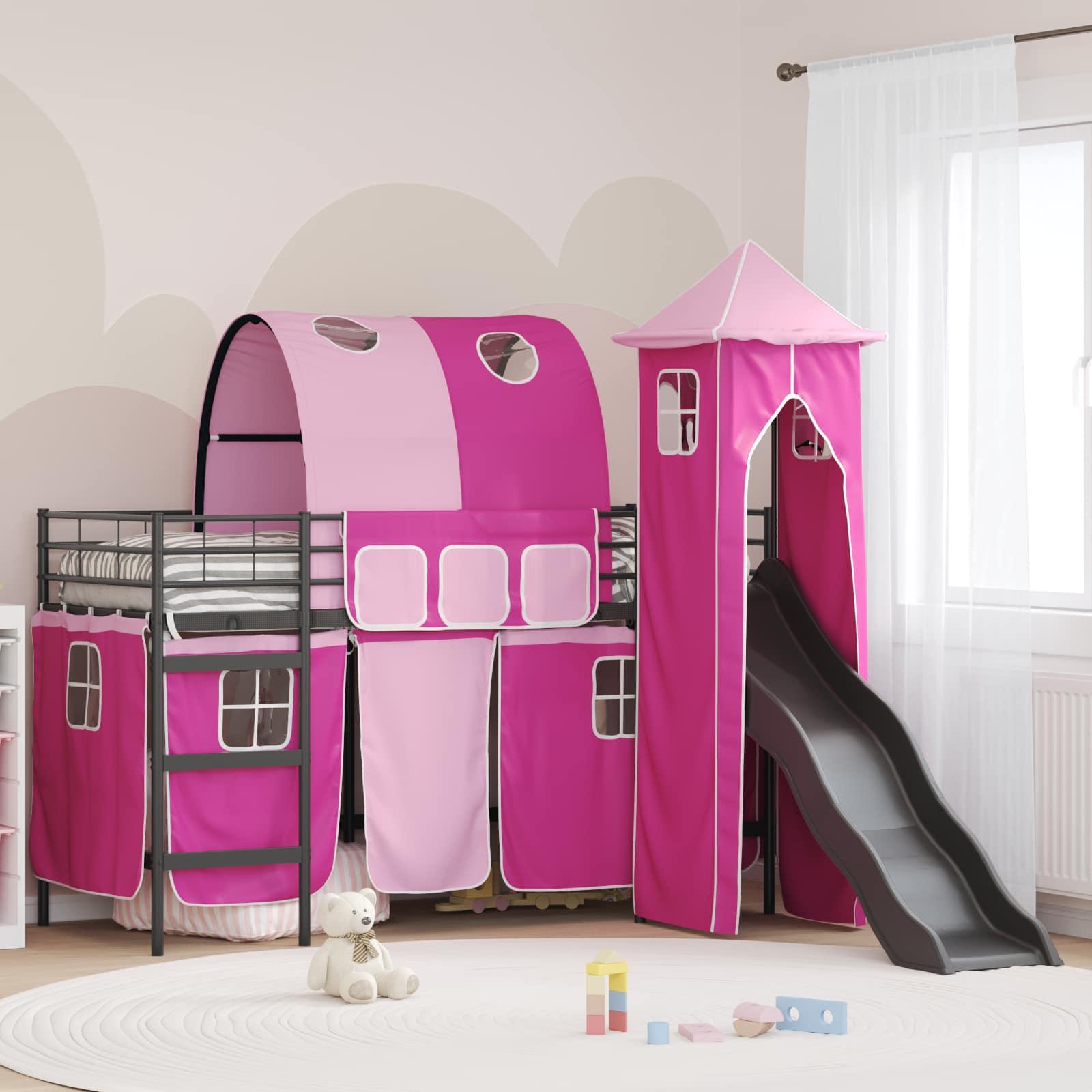 Børns Loft Seng Ramme med Gardiner, Bue, Rutsjebane, Tårn billede