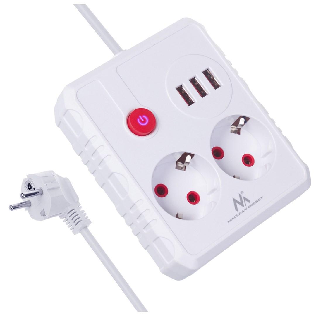 Maclean MCE387 W stikdåse med 2 schuko + 3x USB, 1,5 m - hvid billede