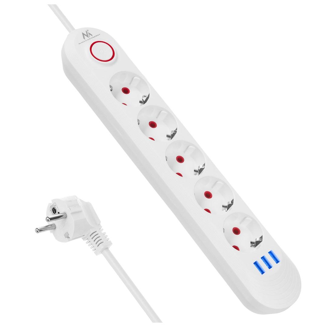 Maclean MCE395 W stikdåse med 5 udtag + 3x USB, 1,5 m - hvid billede