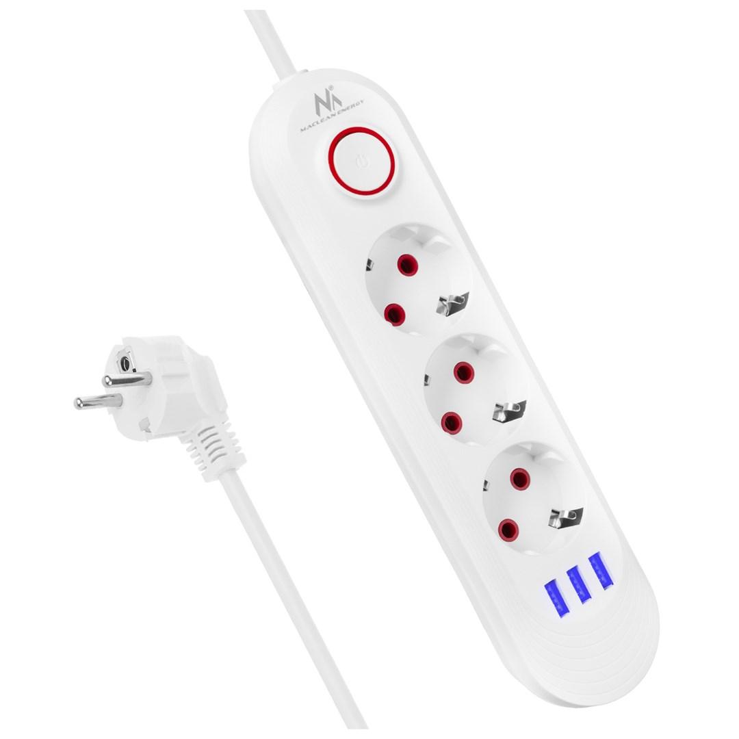 Maclean MCE394 stikdåse med 3 Schuko-udtag + 3x USB - 1,5 m - hvid billede