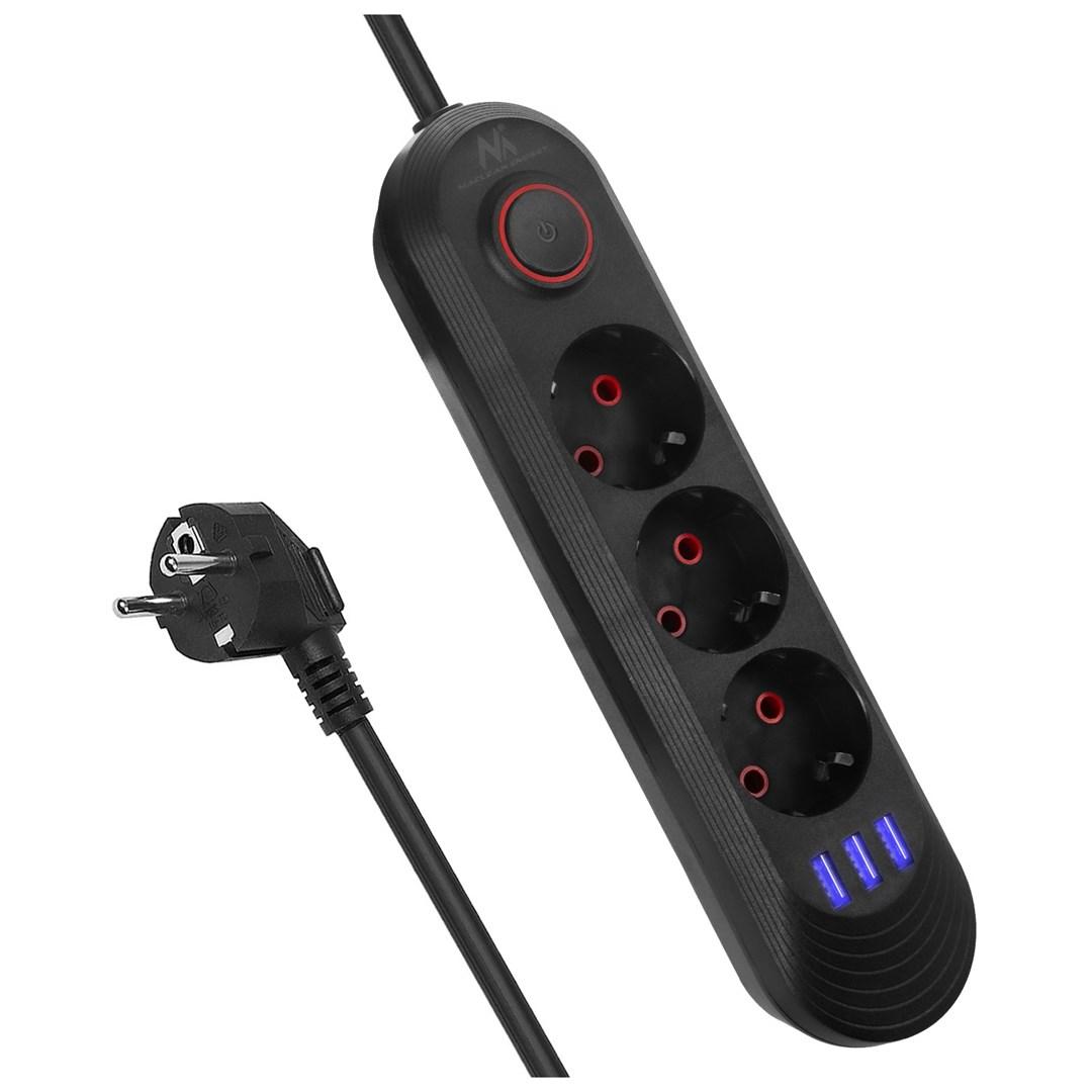 Maclean MCE394 B stikdåse med 3 udtag + 3x USB, 1,5 m - sort billede