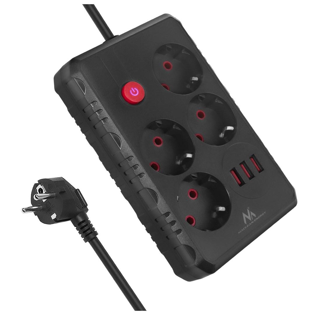 Maclean MCE392 stikdåse med 4 udtag + 3x USB, 1,5 m - sort billede