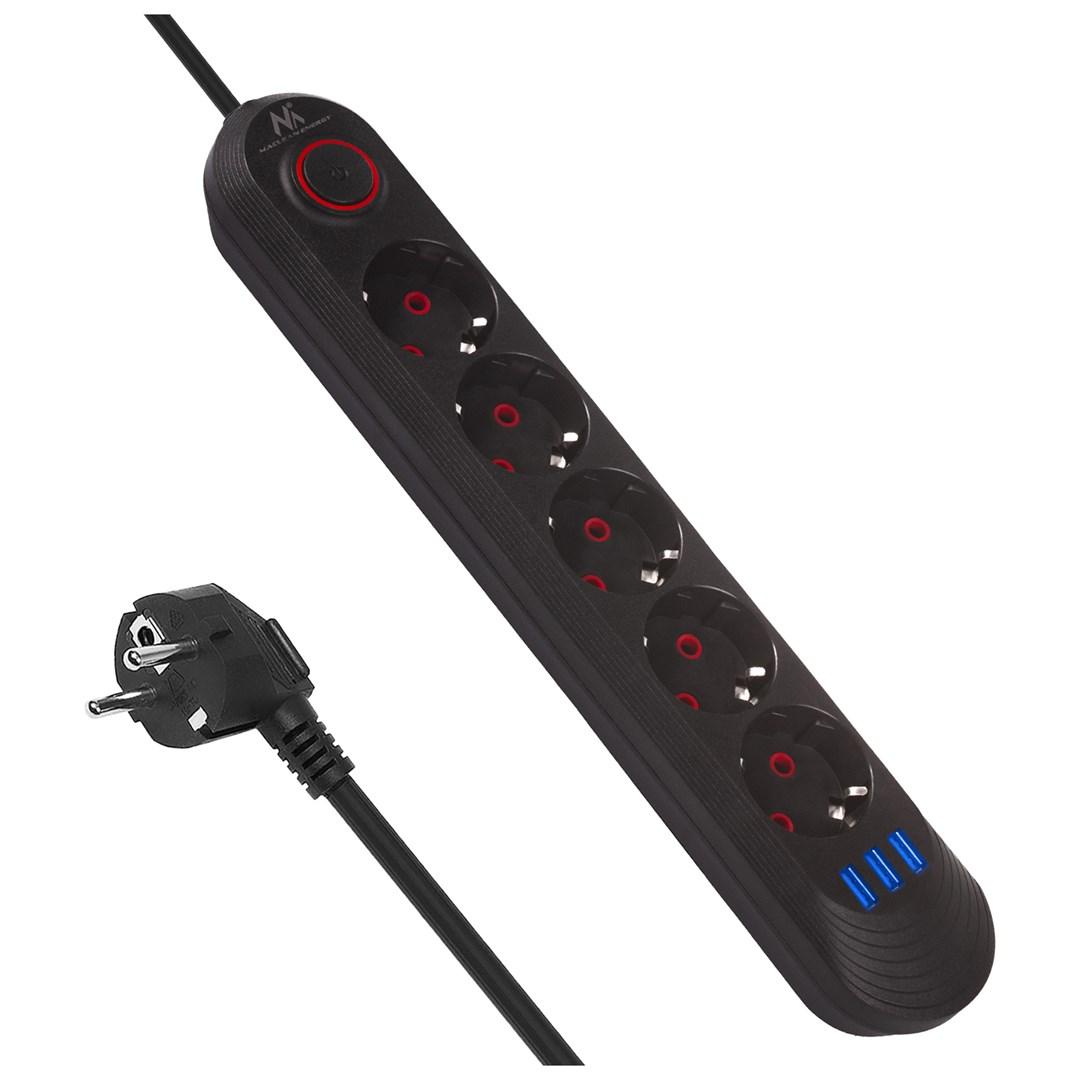 Maclean MCE395 stikdåse med 5 udtag + 3x USB - 1,5 m, sort billede