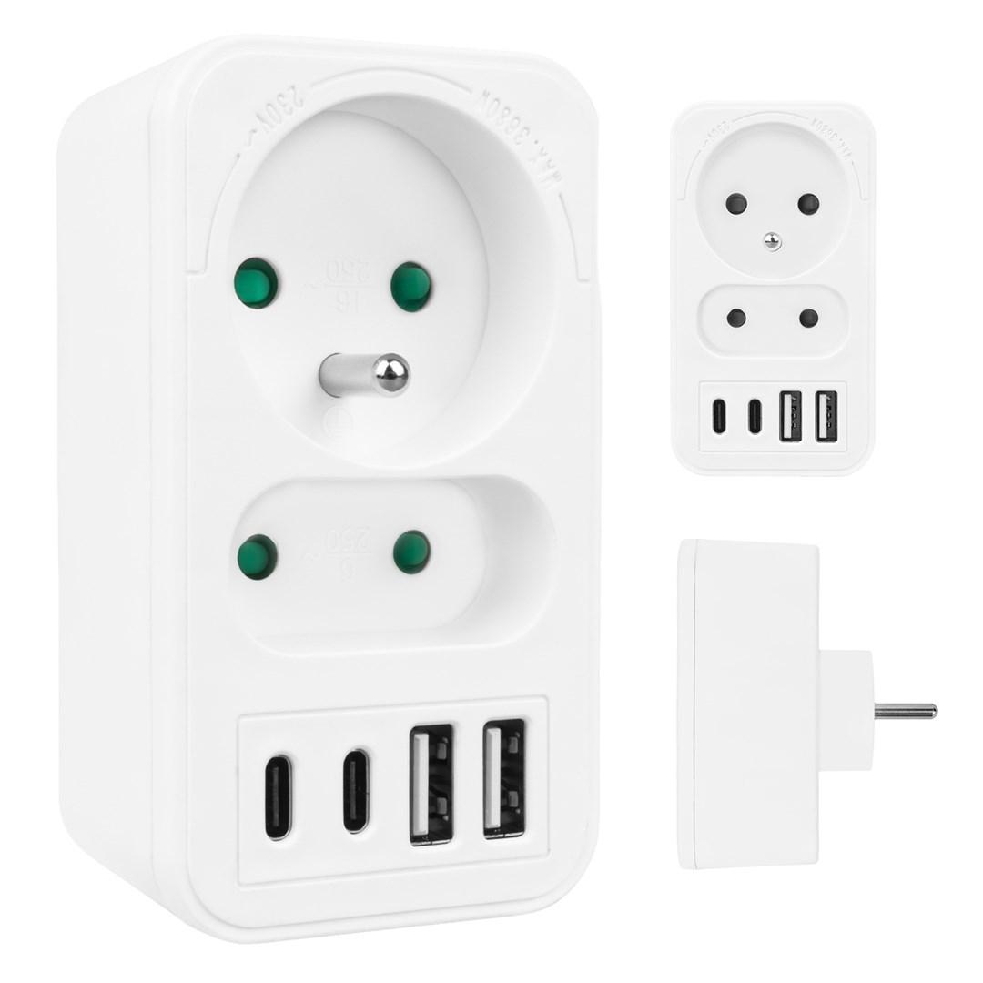 Maclean MCE249 F/W stikdåse-splitter - 2 schuko-udtag + 4x USB (2x USB-A, 2x USB-C PD 20 W), 16 A + 6 A billede