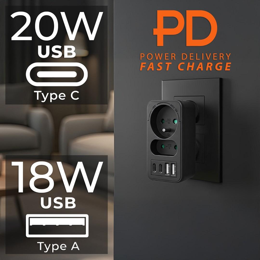 Maclean MCE249 F/B dobbelt stik med 4x USB - 2x USB-A, 2x USB-C PD 20 W, 1x16 A + 1x6 A - sort billede