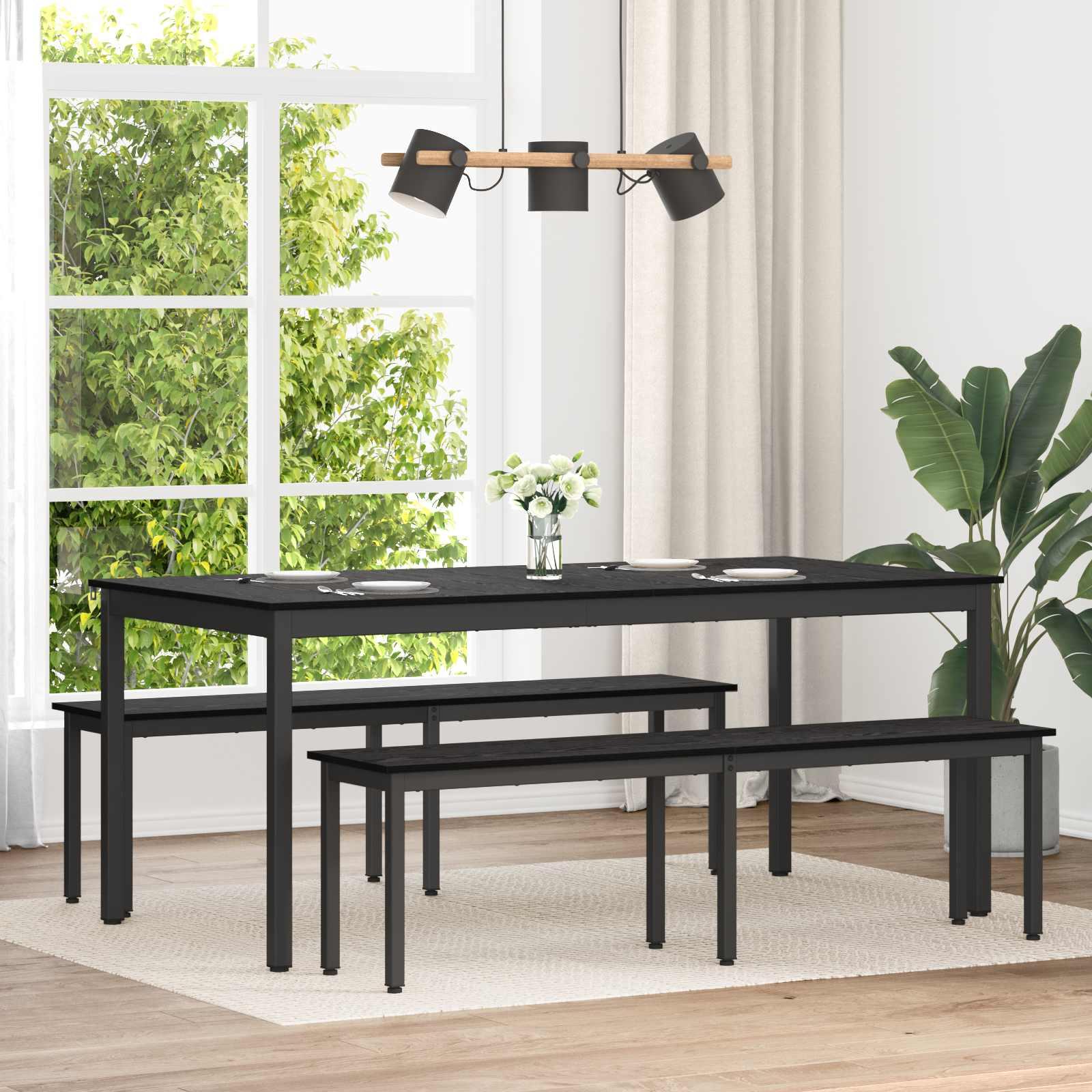 Spisebænk i sort eg 160 x 35 x 45 cm - bænk i konstrueret træ med metalben
