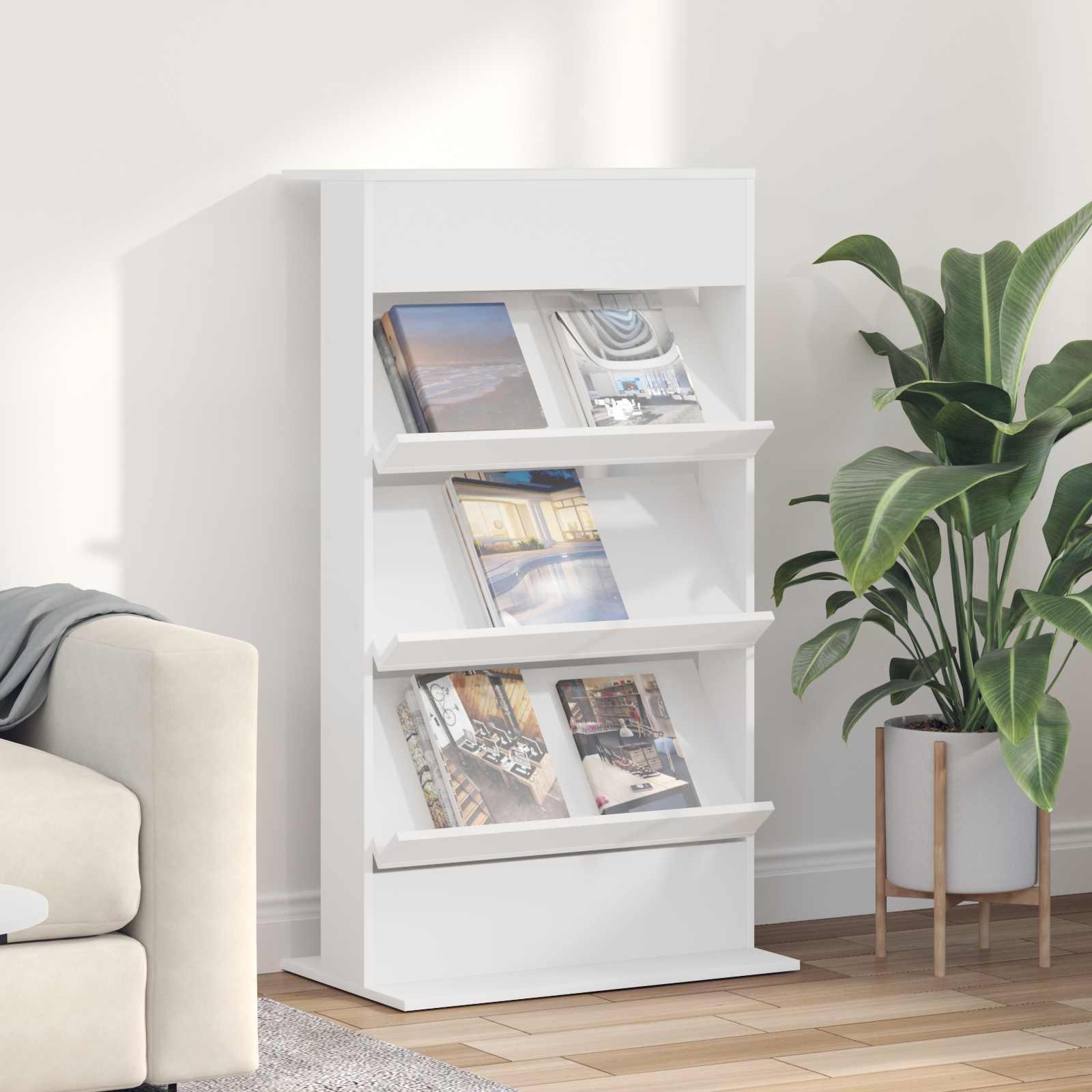 Magasinrack med hylder - hvid, 70 × 41 × 126 cm, konstrueret træ