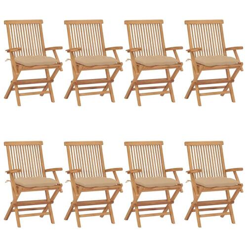 Havestole med beige hynder 8 stk. massivt teaktræ