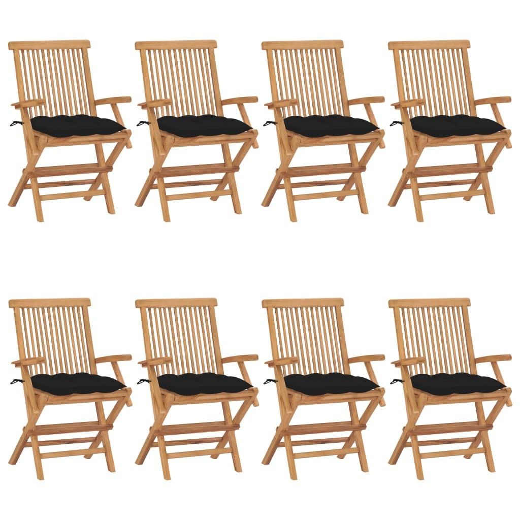 Havestole med sorte hynder 8 stk. massivt teaktræ