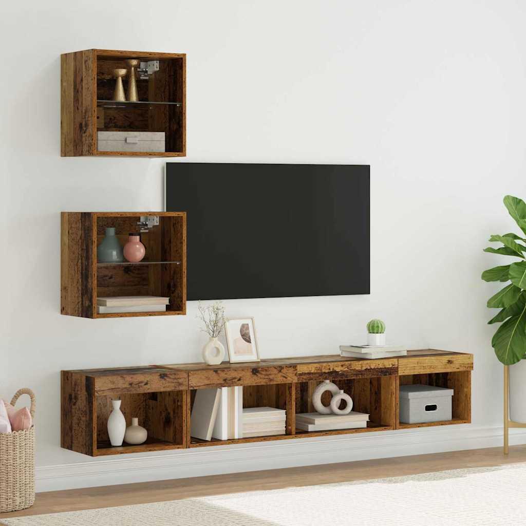 TV vægenheder med LED Vægmonteret 5 stk Gammelt træ 100 x 30 x 30 cm billede