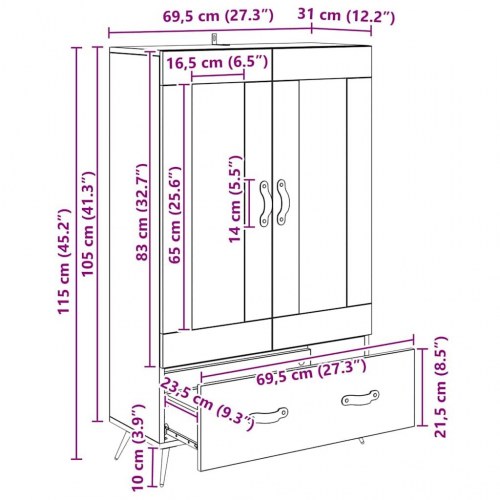 Highboard i artisan egetræ med glas - 69,5 x 31 x 115 cm