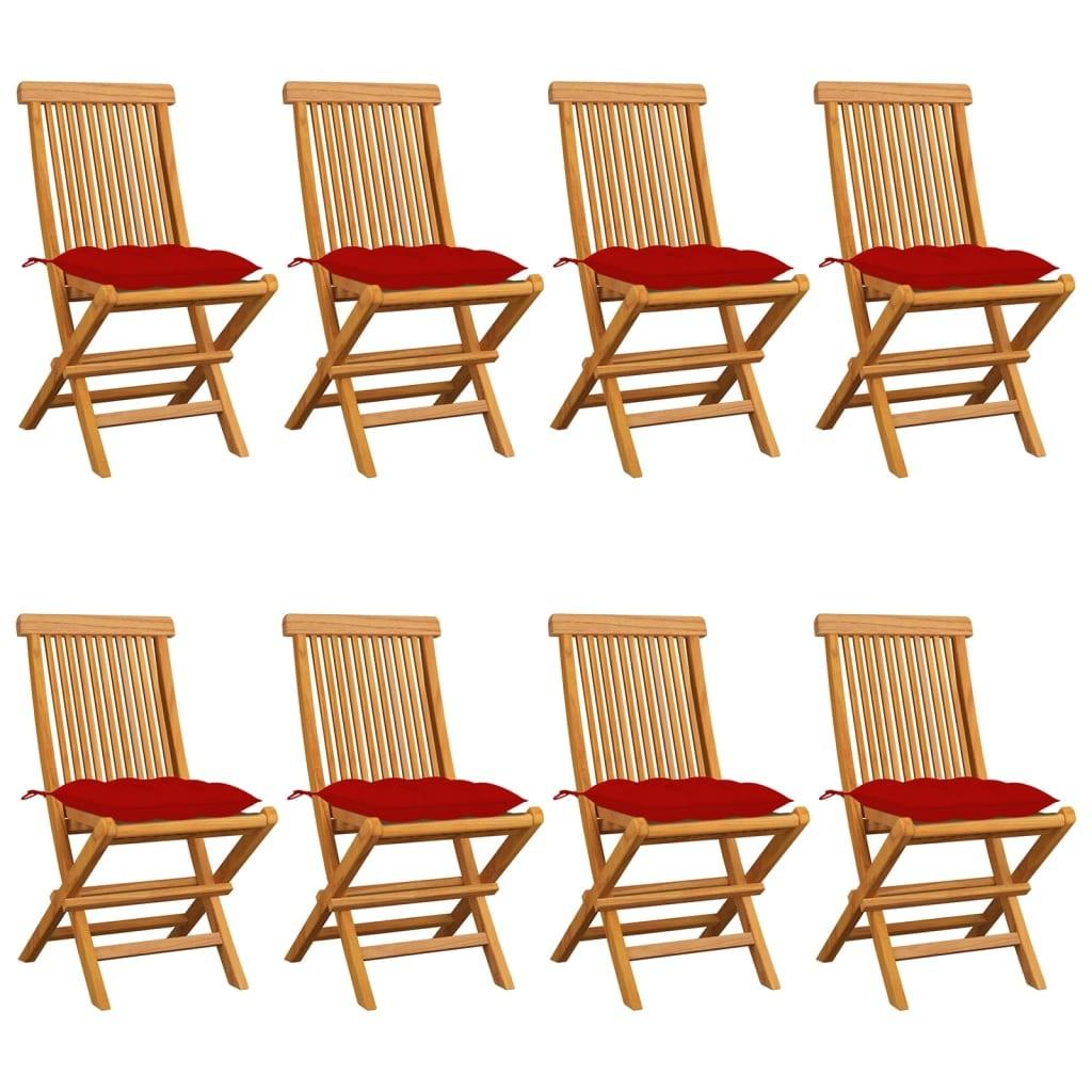 Havestole m. røde hynder 8 stk. massivt teaktræ