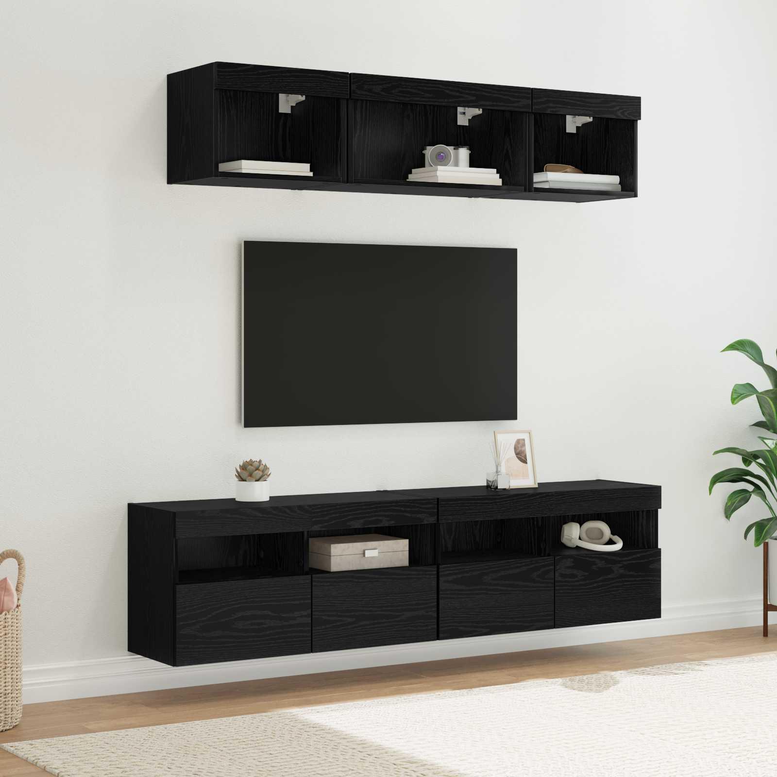 TV vægenheder med LED 5 stk Sort eg 80 x 30 x 40 cm Konstrueret træ billede