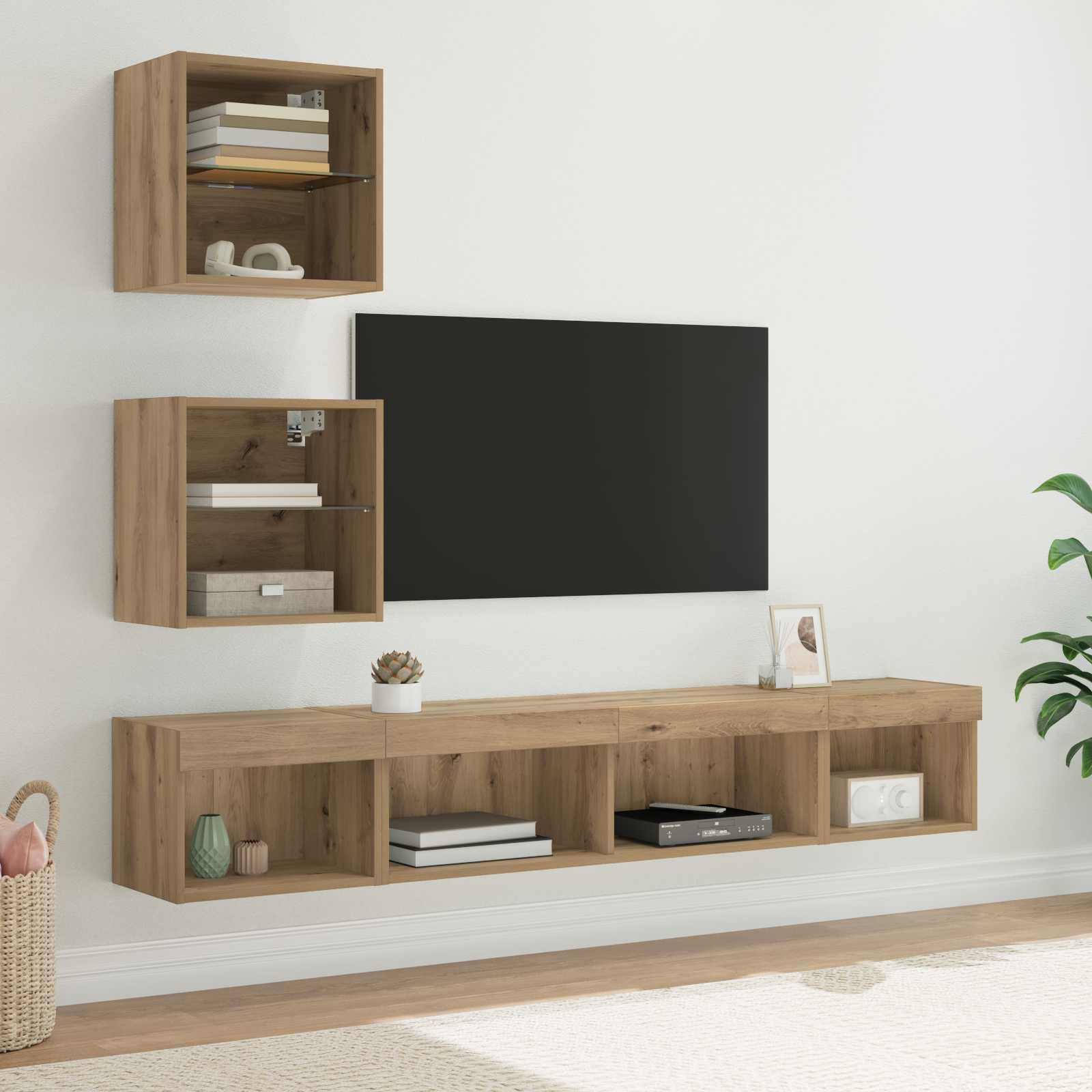 TV vægenheder med LED 5 stk Artisan Egetræ 100 x 30 x 30 cm billede