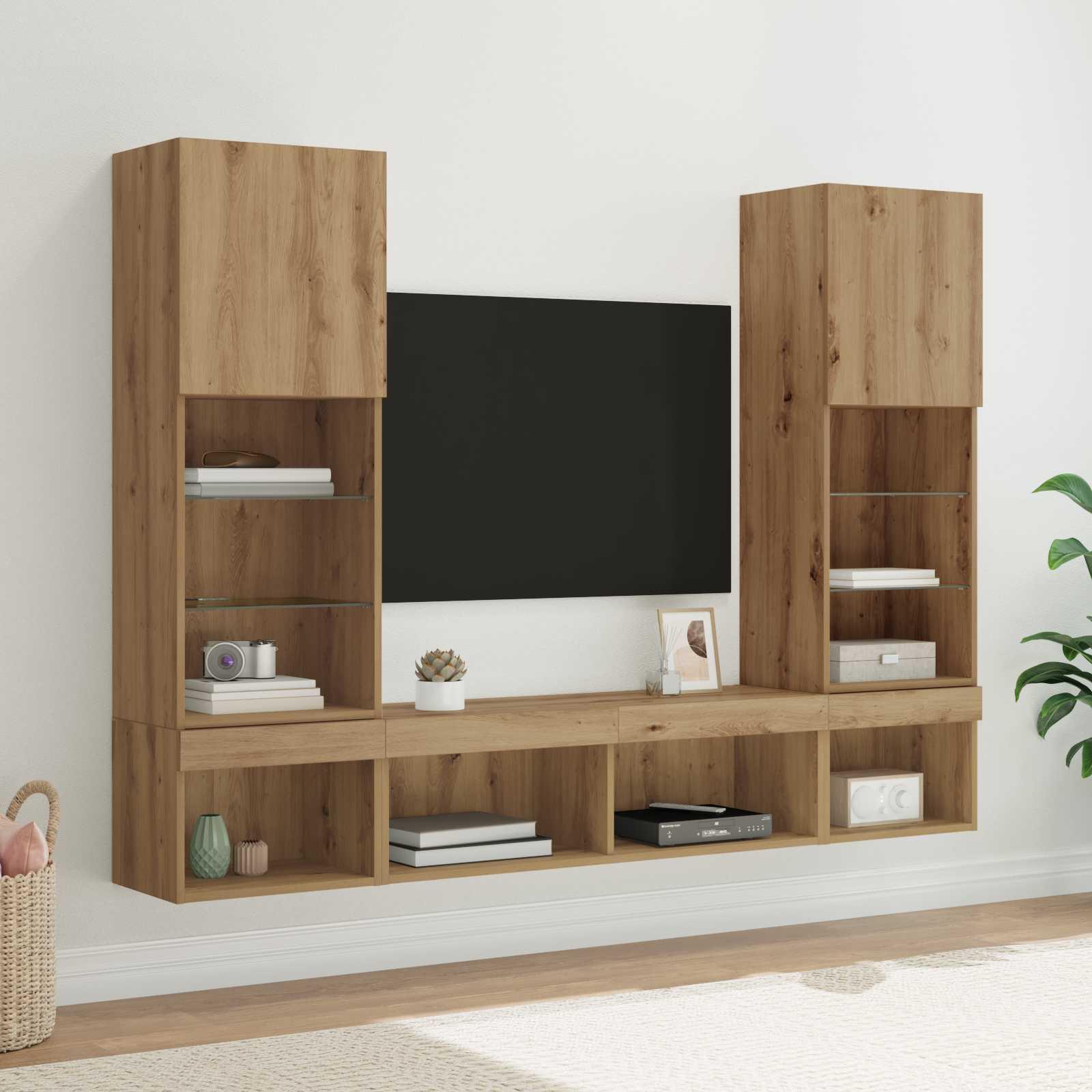 TV vægenheder med LED 5 stk Artisan Egetræ 40,5 x 30 x 102 cm billede