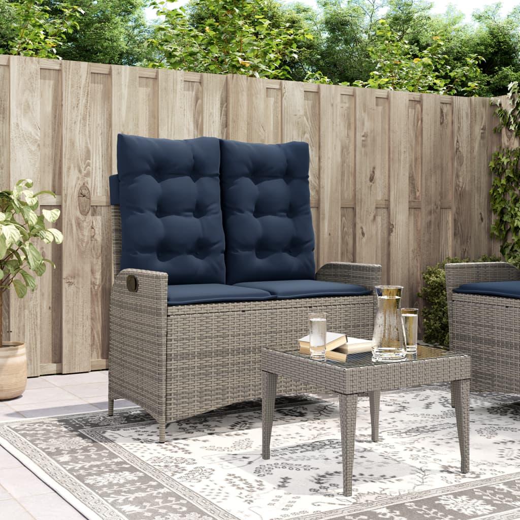 Havebænk med hynder og lænefunktion polyrattan grå billede