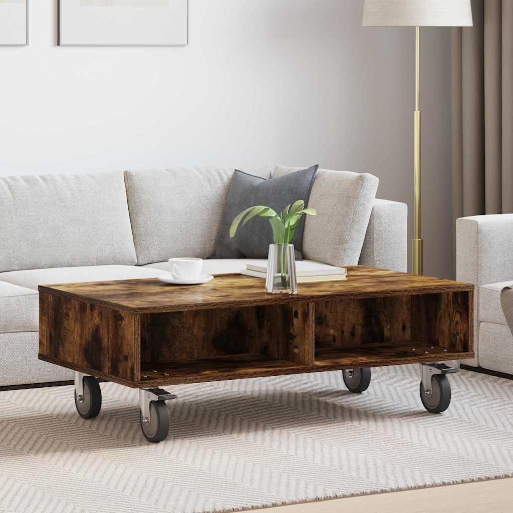 Sidebord med hjul Røget eg 90 x 50 x 30 cm Konstrueret træ billede