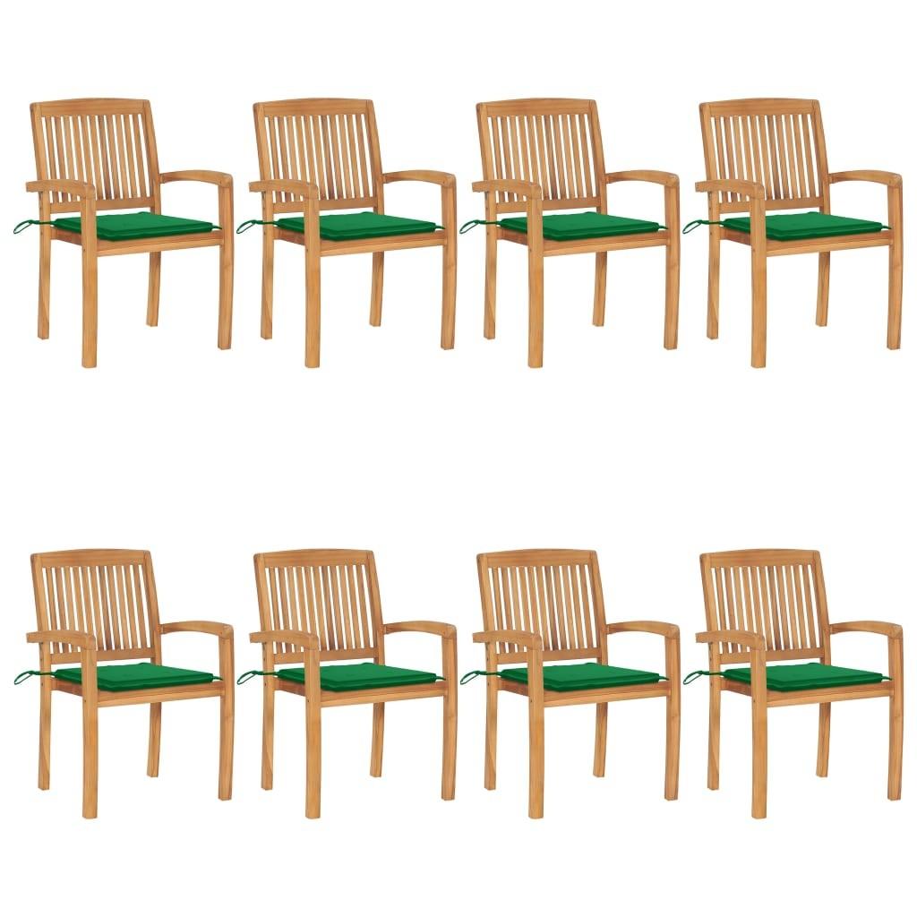 Havestole 8 stk. med hynder stabelbare massivt teaktræ