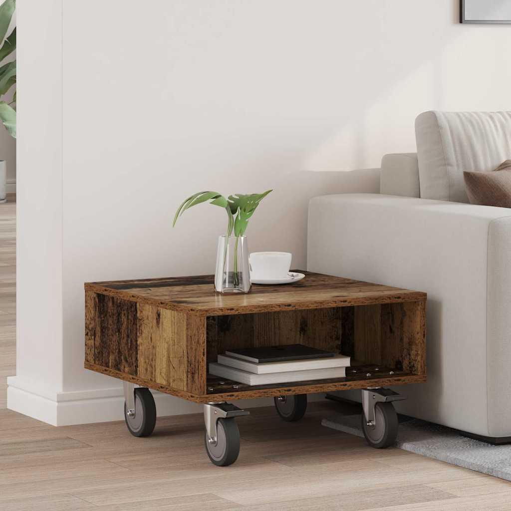 Sidebord med hjul Gammelt træ 50 x 50 x 30 cm Konstrueret træ billede