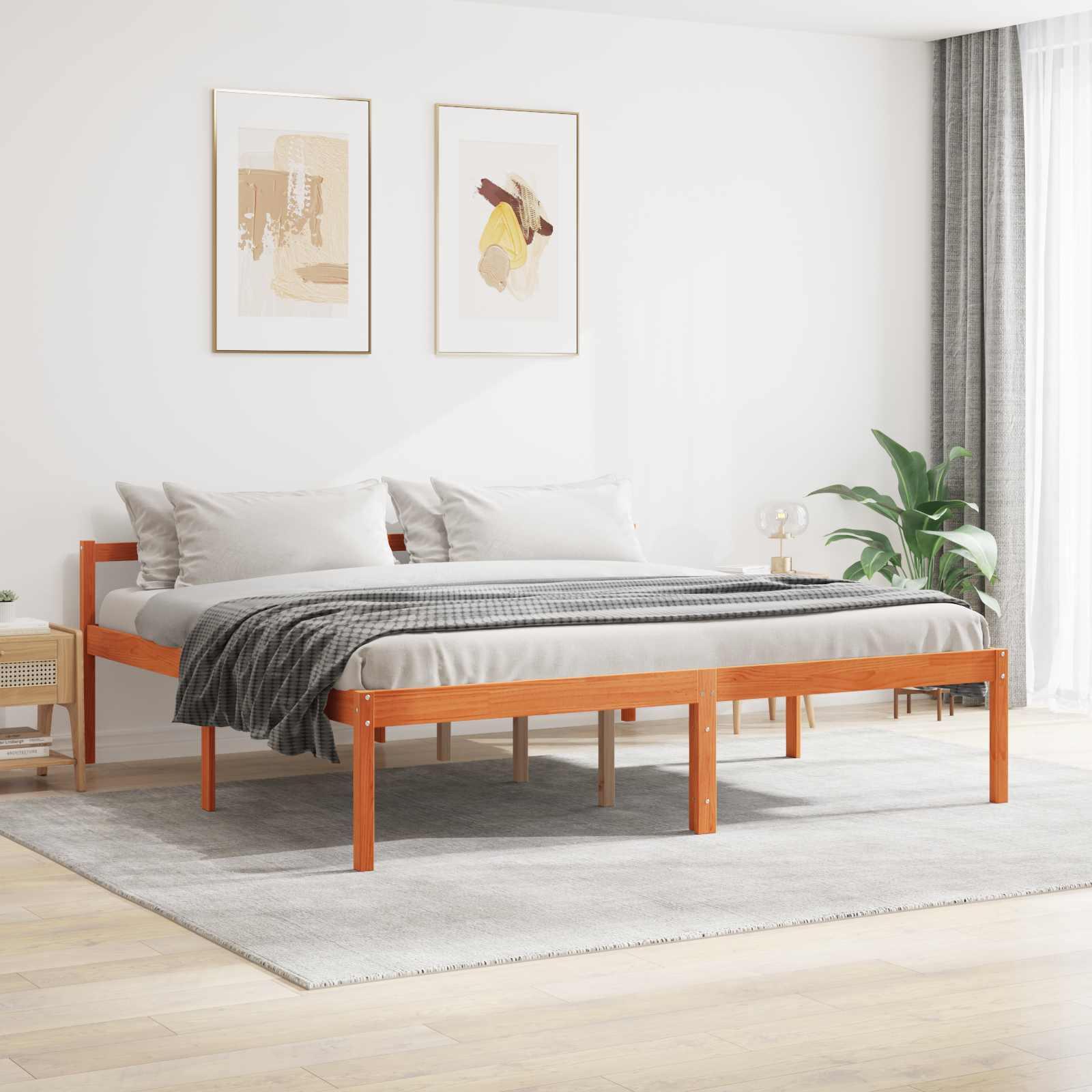 Sengestel med hovedgærde Voks brun 180 x 200 cm Massiv fyrretræ billede
