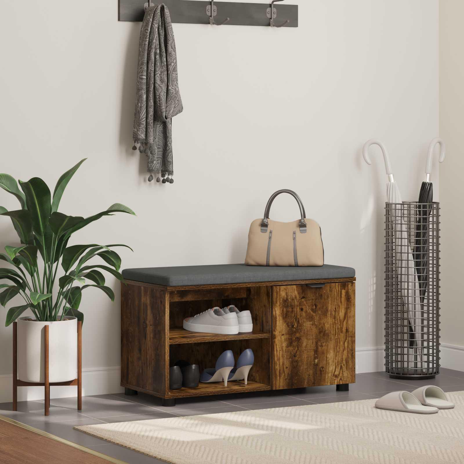 Hallbænk med pude Ensfarvet Røget eg 80 x 38 x 46 cm billede