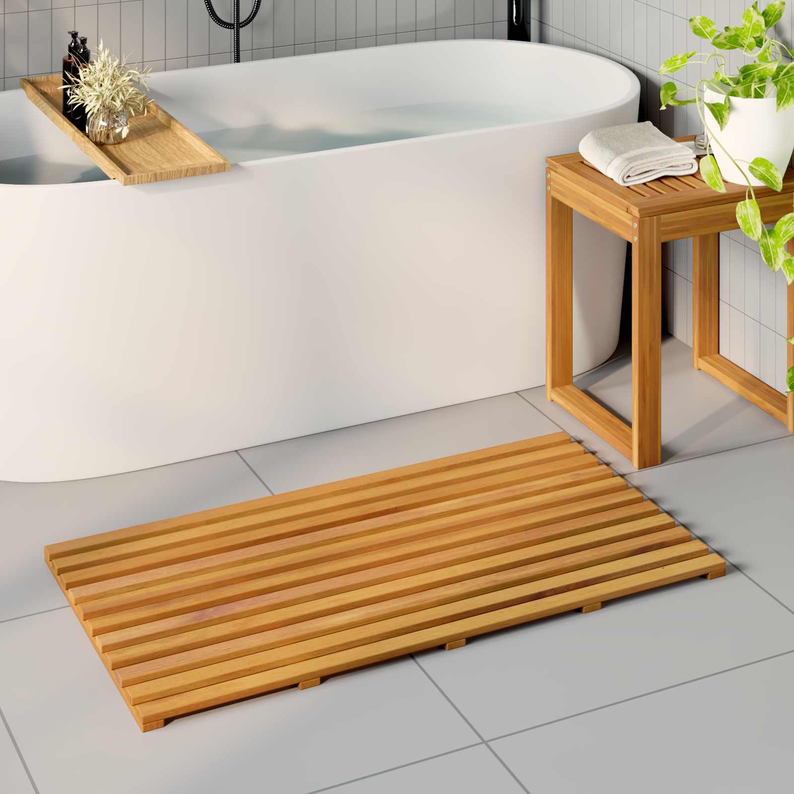 Bademåtte Ensfarvet Brun 100 x 53 cm træ billede