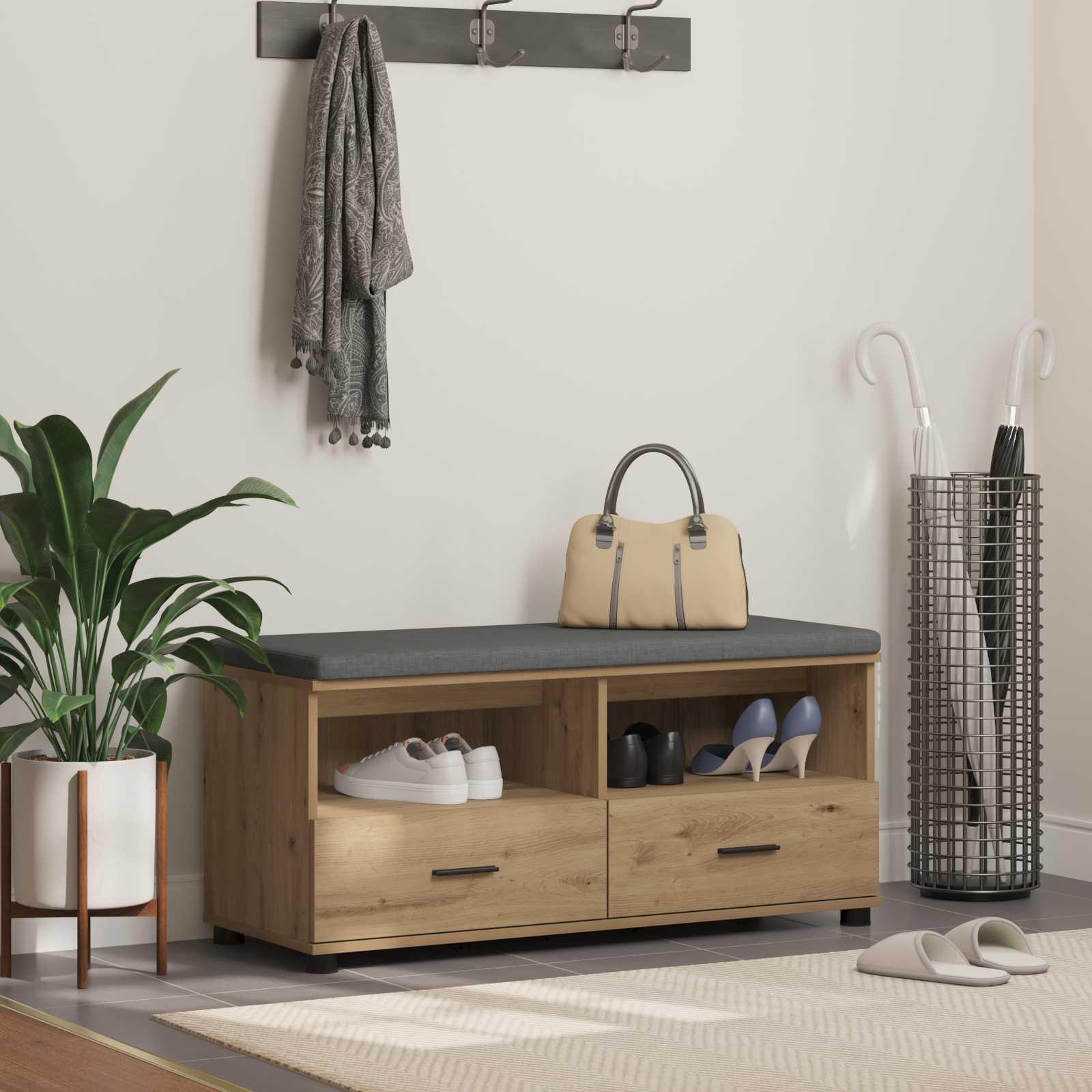Hallbænk med pude med skuffe Artisan Egetræ 100 x 38 x 46 cm billede