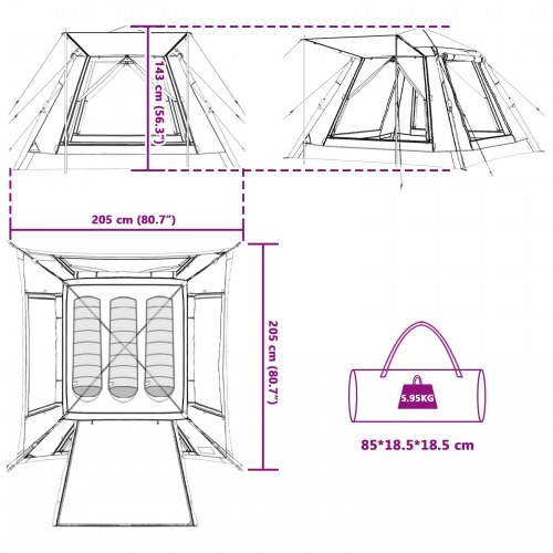 Øjeblikkelig telt med regnslag til 3 personer med hurtig frigivelse