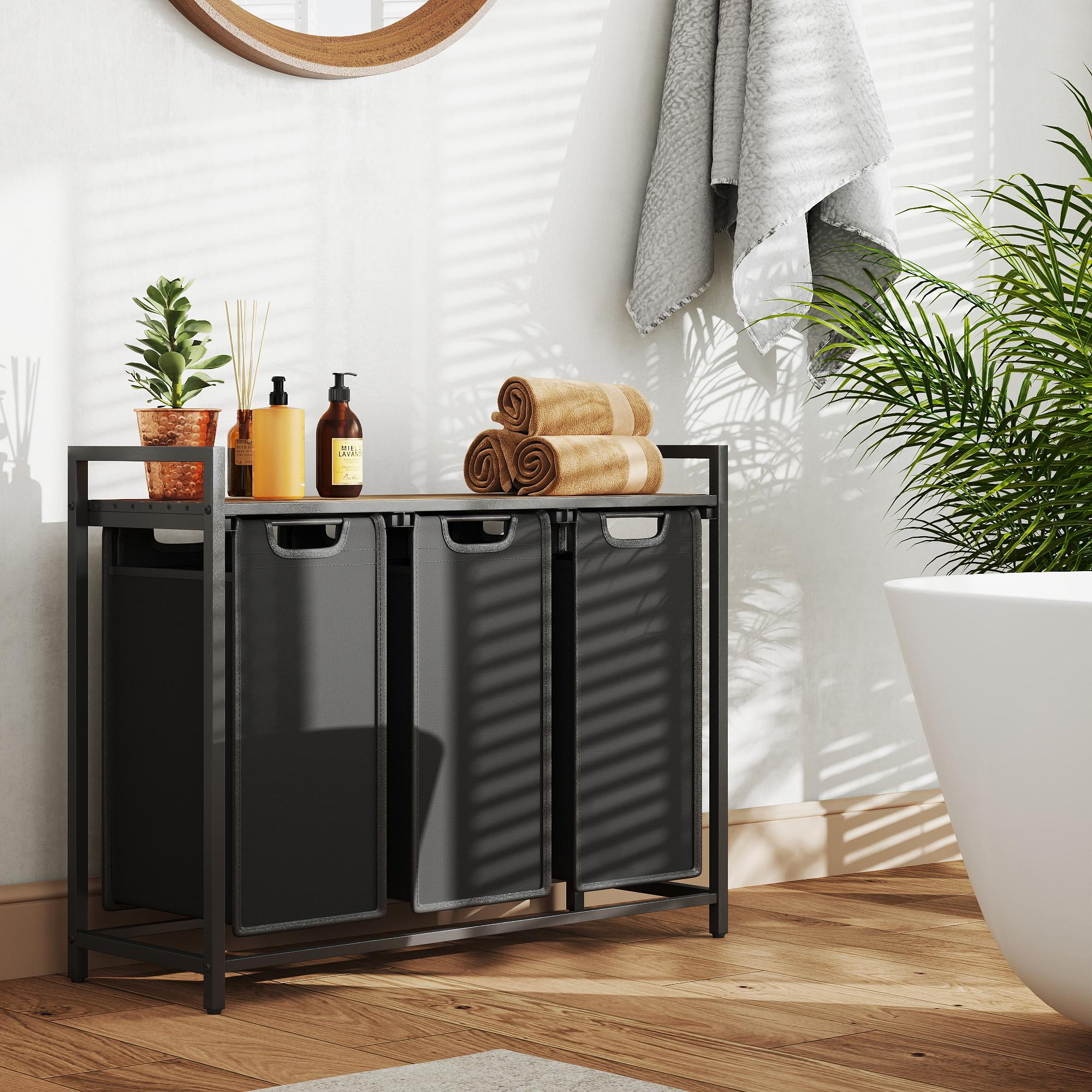 Vasketøjssorterer med 3 rum og hylde - 38 l poser, vintage brun/sort