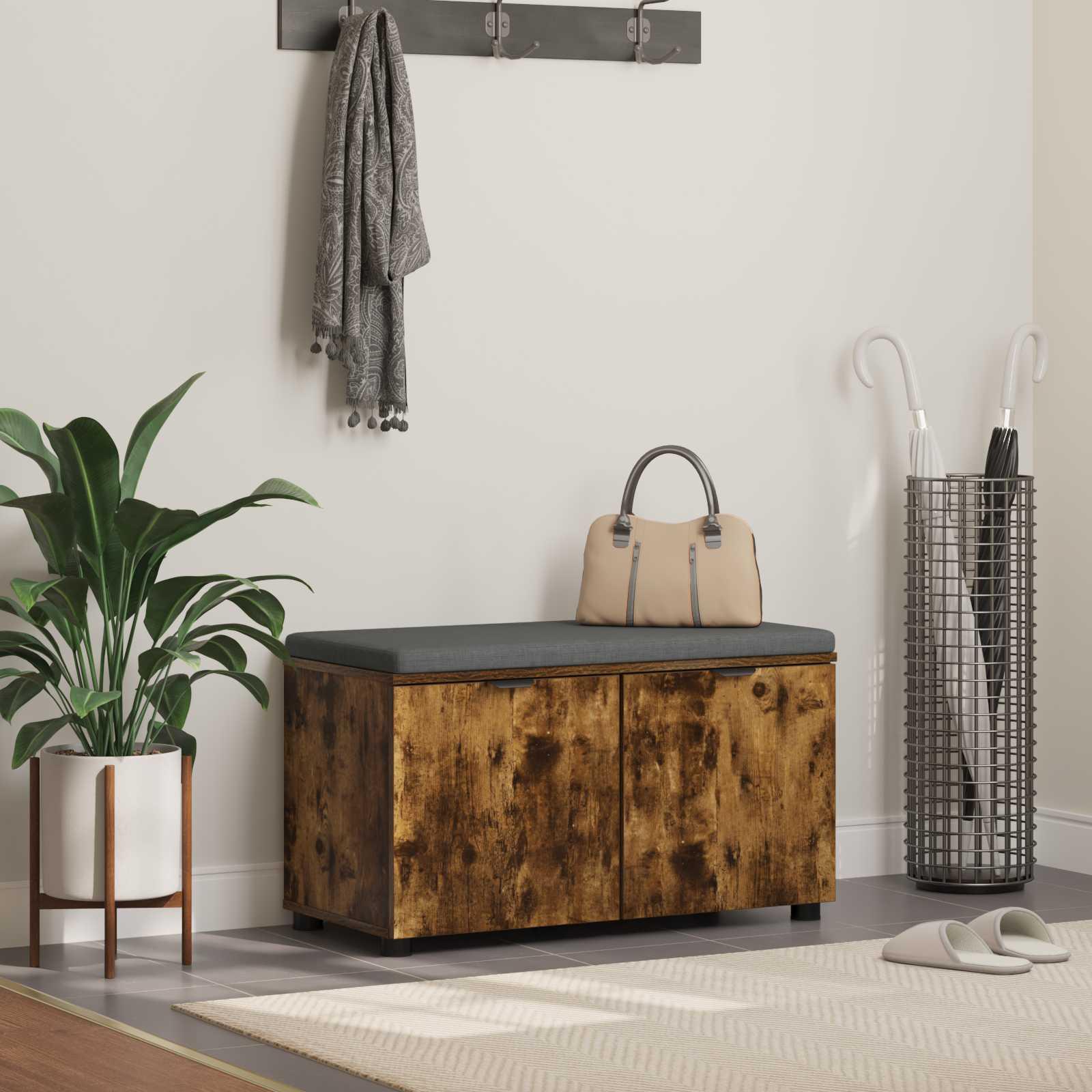 Hallbænk med pude med opbevaring Røget eg 80 x 38 x 46 cm billede