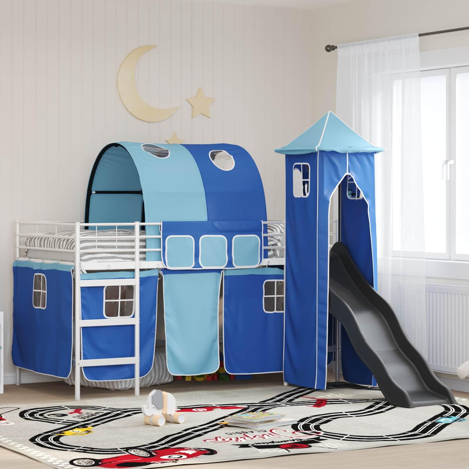 Børns Loft Seng Ramme med Gardiner, Bue, Rutsjebane, Tårn billede