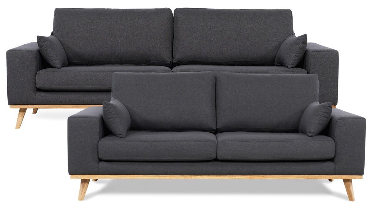 Simone/Genova 3+2 pers. sofasæt - koksgrå stof med olieret træstel